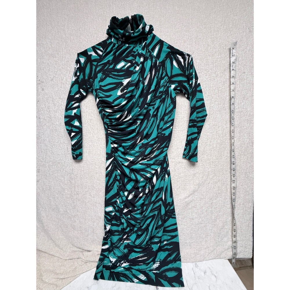 Calvin Klein Teal Abstract Brushstroke Ruched Mock Neck Midi Sheath Dress 2